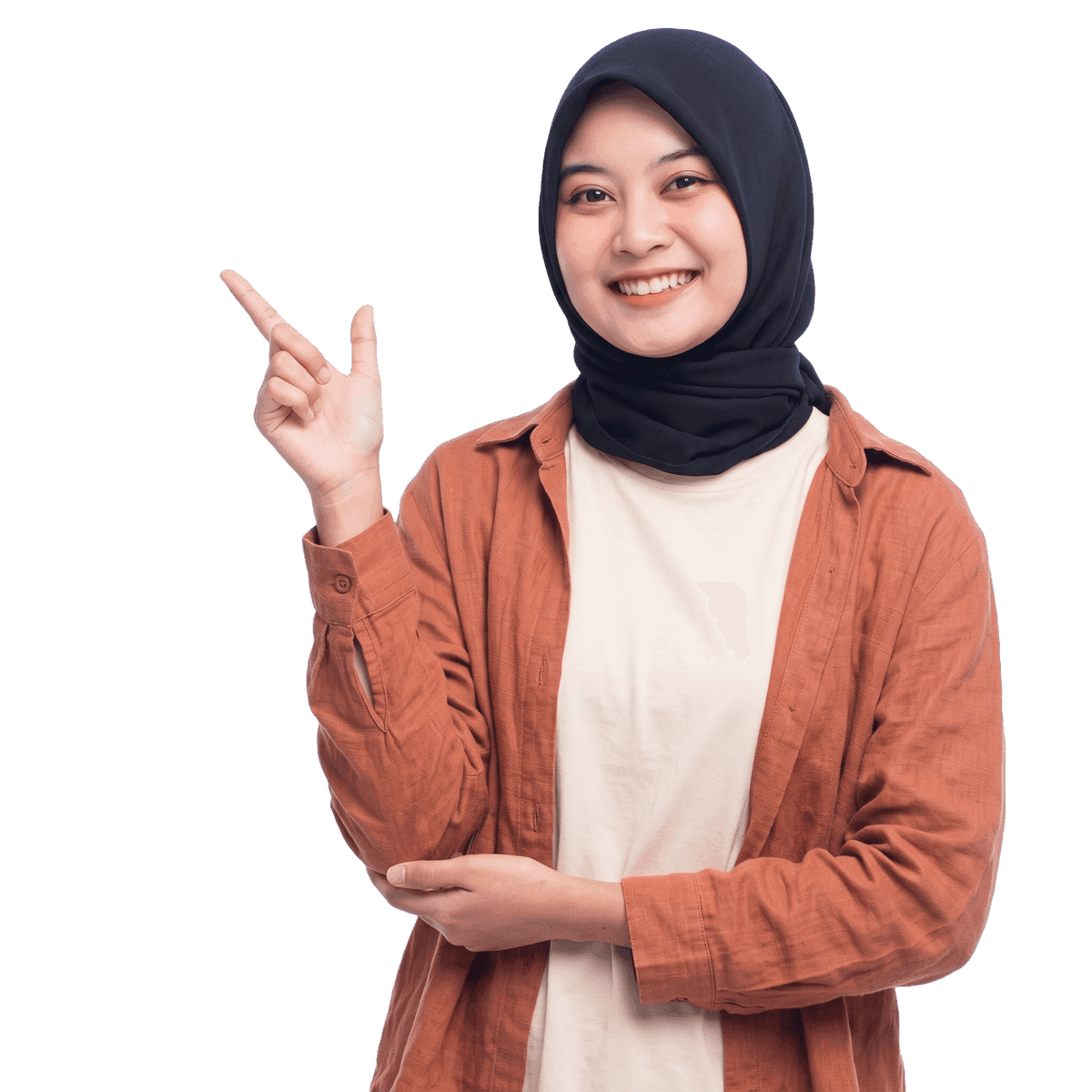Perempuan berhijab tersenyum sambil menunjuk ke arah judul
