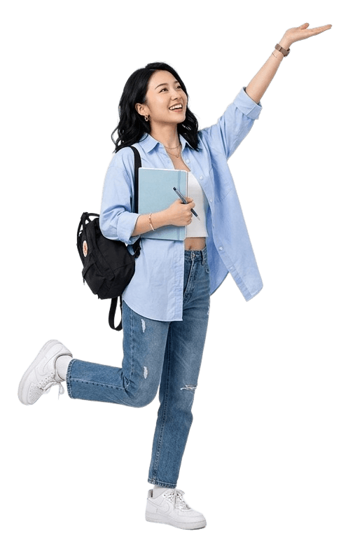 Siswa JagoUsaha melompat gembira sambil menunjuk ke atas, membawa buku dan tas